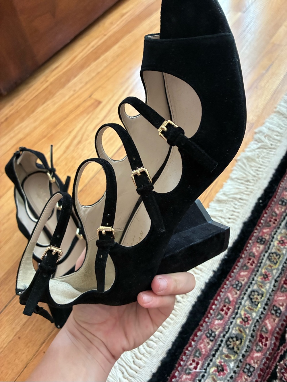 Black Suede Strappy Block Heel Sandals - Brand: Cole Haan - Picture 4 of 5